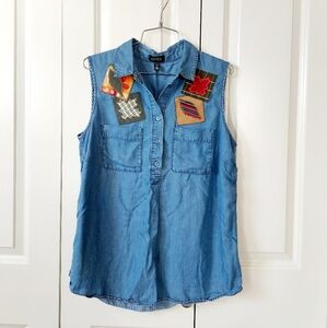 Autumn Leaf Patchwork Sleeveless Denim Shirt‎ Medium Jones New York